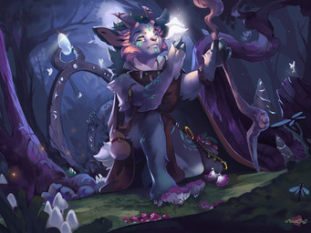 accessory anthro clothing crystal detailed_background druid forest fungus fur furgonomics grass green_eyes hair holding_mushroom holding_object holding_staff horn horn_accessory kneeling magic_user male mushroom plant solo staff tree tribal_spellcaster mousedoll species_request 2022 4:3 absurd_res digital_media_(artwork) hi_res