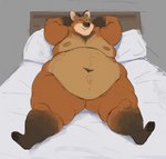 anthro bed bed_frame belly big_belly deep_navel eyes_closed fur furniture hands_behind_head lying male moobs navel nipples nude obese obese_anthro obese_male on_back on_bed orange_body orange_fur overweight overweight_anthro overweight_male pillow reclining reclining_on_bed solo cettus canid canine mammal maned_wolf 2021