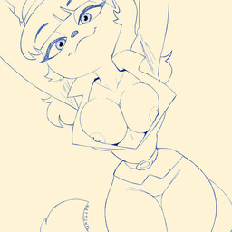 anthro areola belt big_breasts breasts cleavage clothed clothing curvy_figure dutch_angle female hourglass_figure jacket looking_at_viewer nipple_slip nipples open_clothing open_topwear raised_arms small_waist smile solo thigh_gap topwear wide_hips wettowel nickelodeon t.u.f.f._puppy kitty_katswell domestic_cat felid feline felis mammal 1:1 2026 absurd_res hi_res monochrome signature