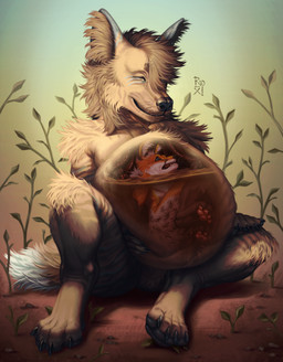 anthro arm_tuft belly belly_tuft big_belly black_nose blue_eyes blue_markings brown_hair cheek_tuft closed_smile crotch_tuft digestion duo eyes_closed facial_markings facial_tuft fangs fully_inside fur hair head_markings inside_stomach internal knee_tuft leg_tuft logo male male/male male_pred male_prey markings mouth_closed navel nude orange_body orange_fur scared short_hair shoulder_tuft simple_background sitting smile spread_legs spreading striped_legs tan_body tan_fur teeth tuft vore whiskers riorix canid mammal 2022 artist_logo dated hi_res