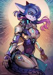 anthro blue_eyes blue_hair breasts cybernetics female hair machine multicolored_hair non-mammal_breasts non-mammal_ears non-mammal_hair science_fiction solo two_tone_hair cerbera fish marine shark 2023 hi_res watermark