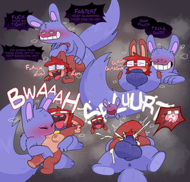 anthro anthrofied balls blue_collar blush bodily_fluids braces breast_play breast_suck breasts brown_body brown_fur collar conjoined_speech_bubble cum cum_inflation cum_inside cumflated_belly deep_throat ear_pull eyes_closed eyewear female female_penetrated fingering from_behind_position fucked_silly fur genital_fluids genitals glasses gynomorph gynomorph/female gynomorph_penetrating gynomorph_penetrating_female hair impregnation inflation intersex intersex/female intersex_penetrating intersex_penetrating_female looking_pleasured masturbation open_mouth oral oral_penetration penetration pointy_speech_bubble profanity purple_body purple_fur red_hair sex speech_bubble sucking tail text tongue tongue_out vaginal vaginal_fingering vaginal_fluids vaginal_masturbation vaginal_penetration vulva crushpepper raving_rabbids rayman_(series) ubisoft aster_(crushpepper) lagomorph mammal rabbid english_text hi_res tagme trans_(lore) trans_woman_(lore)