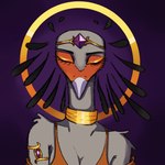 amethyst_(gem) anthro armlet beak black_eyebrows breasts circlet cleavage clothed clothed_anthro clothed_female clothing eyebrows eyelashes eyes_closed feathers female front_view gem grey_body grey_feathers orange_body orange_clothing orange_feathers orange_shirt orange_tank_top orange_topwear purple_background purple_beak shirt simple_background solo tank_top topwear releasethebuns accipitriform avian bird secretary_bird 1:1 2024 bust_portrait colored digital_drawing_(artwork) digital_media_(artwork) portrait shaded simple_shading