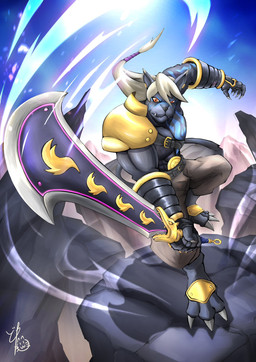 anthro armor biceps black_body black_fur bottomwear claws clothing fur greatsword hair male melee_weapon muscular muscular_anthro muscular_male pants pauldron pecs shirtless_anthro shirtless_male solo sword weapon white_hair dowa_d_715 bandai_namco digimon digimon_beatbreak digimon_(species) felid mammal murasamemon pantherine hi_res