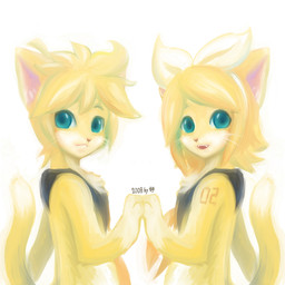 accessory alternate_species anthro bow_ribbon clothed clothed_anthro clothing duo female fur furrification hair_accessory hair_bow hair_ribbon hand_holding male pink_inner_ear ribbons side_view simple_background standing tail whiskers white_background yellow_body yellow_fur salihombox kagamine_len kagamine_rin domestic_cat felid feline felis mammal 2008 dated digital_media_(artwork) hi_res brother_(lore) brother_and_sister_(lore) sibling_(lore) sister_(lore)