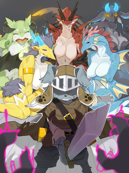 anthro armor blood bodily_fluids breasts eyes_closed featureless_breasts female fur group halo_horns horn kemono knight male male/female melee_weapon navel open_mouth protective scar size_difference smaller_male sword warrior weapon wounded kame_3 i_was_banished_from_the_party_and_became_the_leader_of_the_strongest_female_dragon_party! mythology dark_dragon_(kame_3) fire_dragon_(kame_3) thunder_dragon_(kame_3) traveller_(kame_3) water_dragon_(kame_3) wind_dragon_(kame_3) aquatic aquatic_dragon canid canine canis domestic_dog dragon furred_dragon furred_scalie goo_creature mammal monster mythological_creature mythological_scalie scalie absurd_res hi_res