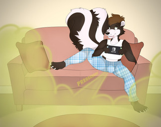anthro bulge claws clothed clothing detailed_background fart fart_cloud fart_fetish furniture gaming gassy huge_fart inside male male_farting raised_leg smelly sofa solo tail thick_tail tongue tongue_out rockyjstinkston nintendo nintendo_switch mammal mephitid skunk striped_skunk hi_res