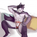 abs anthro biceps big_muscles clothing fur male muscular muscular_anthro muscular_male nipples pecs pillow solo underwear ainro shyloc canid canine canis fox hybrid mammal wolf 1:1