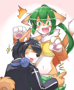 anthro black_hair blush clothing curled_tail duo ear_tuft electronics female green_eyes green_hair hair headphones looking_at_another looking_at_viewer looking_back male male/female navel open_mouth tail tuft undressing_another undressing_partner yellow_eyes nobu_baka haruz sundyz canid canine canis domestic_cat domestic_dog felid feline felis mammal 2019 hi_res