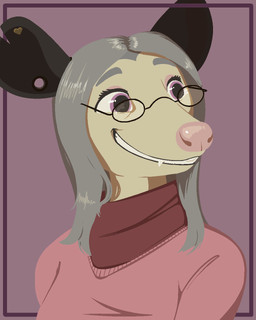 anthro black_ears border breasts clothing ear_piercing eyebrows eyelashes eyewear female gauged_ear glasses grey_eyebrows grey_hair hair long_hair notched_ear piercing pink_clothing pink_nose pink_sweater pink_topwear purple_background purple_eyes red_border scarf simple_background smile solo sweater teeth_showing topwear wearing_glasses conditional_dnp tangerine_(artist) trish_(sinicalsix) american_opossum mammal marsupial virginia_opossum 2025 4:5 aliasing binary_drawing bust_portrait digital_drawing_(artwork) digital_media_(artwork) hi_res portrait