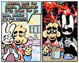 2_panel_comic aloha_shirt anthro bow_tie cheek_spots clothing dialogue duo eyes_closed fur humor male nervous open_mouth open_smile overalls pattern_clothing pattern_shirt pattern_topwear shirt smile speech_bubble teeth text tooth_gap topwear white_body white_fur wide_eyed yellow_body yellow_fur rawdawgcomics bingus_(rawdawgcomics) stahli_(rawdawgcomics) bird_dog canid canine canis domestic_dog golden_retriever hunting_dog lagomorph leporid mammal rabbit retriever 5:4 comic english_text
