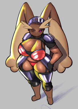 anthro armor big_breasts black_sclera bra breast_armor breasts brown_body brown_fur clothing female female_anthro fur garter_straps glistening glistening_body glistening_fur grey_background headgear helmet knight looking_at_viewer navel one_eye_closed pink_nose purple_eyes red_bra red_clothing red_underwear shoulder_armor simple_background smile solo thick_thighs underwear warrior wink pokejumpn nintendo pokemon generation_4_pokemon lopunny pokemon_(species) full-length_portrait portrait