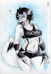 anthro band_merch blue_eyes breasts clothed clothing female fingerless_gloves fluffy fluffy_tail gloves handwear heart_symbol skimpy smile solo tail under_boob luchini pink_floyd the_dark_side_of_the_moon_(album) calypso_tayro canid canine fox mammal traditional_media_(artwork)