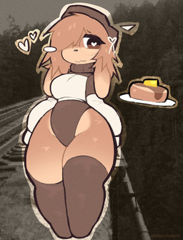:3 anthro big_breasts breasts brown_body brown_clothing brown_eyes brown_fur brown_hair brown_legwear brown_stockings clothing eyelashes eyewear female food fur glasses hair heart_pupils heart_symbol legwear leotard_under_clothing long_sleeve_shirt pancake shirt solo standing stockings tan_body tan_fur thick_thighs topwear wide_hips vixenisdum lagomorph leporid mammal rabbit colored digital_drawing_(artwork) digital_media_(artwork) hi_res
