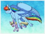 blonde_hair blue_body blue_feathers blue_wings border carrying_another cutie_mark feathered_wings feathers female feral flying hair hooves horn multicolored_hair multicolored_tail purple_eyes rainbow_hair rainbow_tail tail white_border wings yellow_eyes inuhoshi-to-darkpen friendship_is_magic hasbro my_little_pony mythology dinky_hooves_(mlp) rainbow_dash_(mlp) equid equine mammal mythological_creature mythological_equine pegasus unicorn