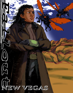 ambiguous_gender belt_buckle black_hair blue_bottomwear blue_clothing blue_jeans blue_pants bottomwear buckle clothed clothing cloud compound_eyes crossed_arms day denim denim_bottomwear denim_clothing desert duster_coat eye_patch eyewear female feral flying fully_clothed group hair insect_wings jeans long_hair new_vegas not_furry orange_eyes outside pants pip-boy standing text trio wings 4dr3n4lin3 fallout microsoft lady_cazador_(4dr3n4lin3) the_courier_(fallout) arthropod cazador_(fallout) human insect mammal english_description english_text hi_res