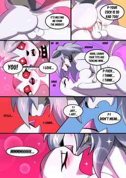 balls blush breasts butt collar dialogue duo eyes_closed female female_penetrated genitals gynomorph gynomorph/female gynomorph_penetrating gynomorph_penetrating_female intersex intersex/female intersex_penetrating intersex_penetrating_female kissing nipples nude penetration penile penile_penetration penis penis_in_vagina red_sclera sex simple_background spiked_collar spikes text vaginal vaginal_penetration vulva kato777 hellaverse helluva_boss mythology loona_(helluva_boss) stella_(helluva_boss) canid canid_demon canine demon goetia hellhound mammal mythological_canine mythological_creature absurd_res comic english_text hi_res