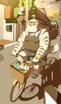 anthro bicycle bottomwear clothing detailed_background eyewear glasses kemono male outside overweight overweight_male plant shirt shorts solo topwear towel towel_around_neck tree vehicle white_body hon55728 felid mammal pantherine tiger 2022 hi_res