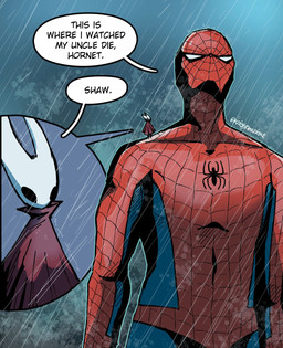 ambiguous_gender anthro biped carrying_another clothing dialogue dialogue_box duo extreme_size_difference larger_human larger_male male on_shoulder outside raining red_clothing red_robe robe size_difference smaller_ambiguous smaller_anthro speech_bubble text white_body knighteanight hollow_knight_(franchise) marvel spider-man_(series) team_cherry this_is_where_i_watched_my_parents_die hornet_(hollow_knight) spider-man_(character) arthropod human mammal 2025 colored crossover english_text hi_res signature female_(lore)