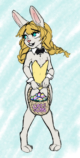 anthro areola areola_slip basket black_bow_tie bow_tie breasts brown_hair buckteeth clothing container cross easter_egg egg female front_view fur green_eyes hair holding_basket holding_container holding_object holidays leotard long_ears long_hair looking_away nipples pink_areola pink_nipples pink_nose religious_neckwear shirt_collar shirt_cuffs small_breasts smile solo standing tan_body tan_ears tan_fur teeth yellow_clothing yellow_leotard young young_anthro young_female catalystconverter easter lagomorph leporid mammal rabbit 2025 digital_media_(artwork) signature