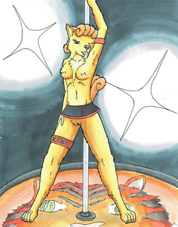 anthro bottomwear breasts clitoris clothing dancing female genitals lights looking_at_viewer nipples nude pokemorph pole pole_dancing skirt solo stage tongue vulva nyghtmar3 nintendo pokemon ingrid_(nyghtmar3) canid canine fox generation_1_pokemon mammal pokemon_(species) shiny_pokemon vulpix traditional_media_(artwork)