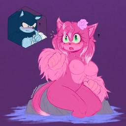 accessory anthro big_breasts blue_body blush breasts claws duo featureless_breasts female flower flower_in_hair green_eyes hair hair_accessory male partially_submerged pink_body plant rock sitting tail thick_thighs kittiesnkream sega sonic_the_hedgehog_(series) sonic_unleashed amy_rose_the_werehog sonic_the_werehog eulipotyphlan hedgehog human mammal hi_res