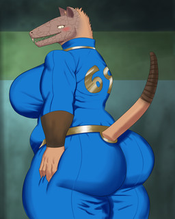 4_fingers anthro belly big_breasts big_butt blush breasts butt clothing fangs female fingers fur hair huge_breasts huge_butt looking_at_viewer looking_back mature_female messy_hair nervous nervous_smile rattle_(anatomy) scales sharp_teeth slightly_chubby slightly_chubby_female solo tail teeth thick_thighs tight_clothing vault_suit wide_hips goldcrustedchicken fallout microsoft canid canine canis coyote hybrid mammal night_stalker_(fallout) pit_viper rattlesnake reptile scalie snake viper absurd_res hi_res