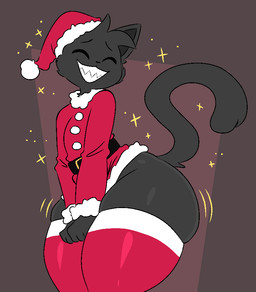 anthro bare_butt big_butt biped black_body black_ears black_fur black_tail bottom_heavy butt christmas_clothing christmas_headwear christmas_stocking clenched_teeth clothed clothing covering covering_self ears_up eyes_closed femboy flirting flirting_with_viewer fur grin grinning_at_viewer hair hat headgear headwear holidays huge_butt huge_thighs legwear looking_at_viewer male santa_hat seductive shaking_butt sharp_teeth simple_background smile smiling_at_viewer solo squish standing stockings tail teeth thick_thighs topwear wide_hips lumpy_(artist) christmas domestic_cat felid feline felis mammal 2025 colored digital_drawing_(artwork) digital_media_(artwork) portrait shaded three-quarter_portrait