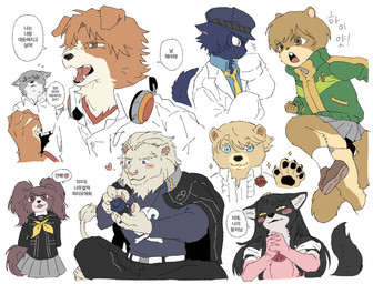 accessory anthro anthrofied black_body black_fur blush brown_body brown_fur clothing coat electronics female fur grey_body grey_fur group hat headgear headphones headwear howl lab_coat male necktie pawpads school_uniform smile text topwear uniform white_body white_fur 0149_wasd atlus megami_tensei persona_(series) persona_4 sega chie_satonaka kanji_tatsumi naoto_shirogane rise_kujikawa teddie_(persona) yosuke_hanamura yu_narukami yukiko_amagi bear canid canine canis domestic_dog felid lion mammal pantherine rodent sciurid tree_squirrel wolf absurd_res hi_res korean_text