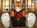 5_toes anthro barefoot claws clothed clothing feet female foot_focus fur humanoid_feet orange_body orange_eyes orange_fur plantigrade soles solo striped_body stripes toes yellow_sclera rottenheart10 dreamworks kung_fu_panda master_tigress felid mammal pantherine tiger hi_res