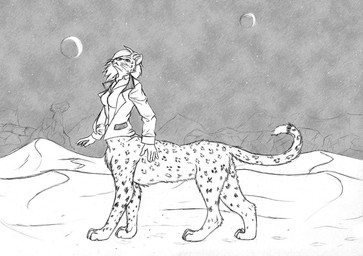 clothing dipstick_tail female fur inner_ear_fluff jacket looking_up markings mountain paws side_view solo spots spotted_body spotted_fur spotted_legs star tail tail_markings topwear tuft unsigned whiskers skyelegs felid mammal taur monochrome traditional_media_(artwork)