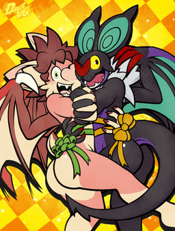anthro back_wings black_body black_skin brown_hair butt duo fangs fur hair male membrane_(anatomy) membranous_wings neck_tuft one_eye_closed open_mouth open_smile pink_body pink_fur purple_body purple_skin ribbons smile tan_body tan_fur teeth tuft white_body white_fur wide_eyed wings wink yellow_sclera dustythebat nintendo pokemon dusty_mcwari bat generation_6_pokemon mammal noivern pokemon_(species) hi_res