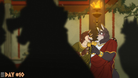 anthro arm_around_shoulders armlet black_nose blue_eyes blush bodily_fluids bracelet brown_body brown_eyes brown_fur clothing container cup fur goblet green_clothing group jewelry male piercing pillar plant red_clothing robe sculpture silhouette statue sweat teeth white_clothing soradezwolfox adastra adastra_(series) echo_project amicus_(adastra) canid canine canis mammal wolf 16:9 2024 hi_res widescreen