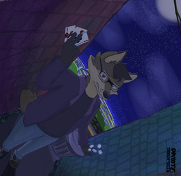 anthro black_nose brick brick_wall brown_body brown_fur brown_hair casual_clothing eyewear fur glasses hair holding_card looking_at_viewer male multicolored_body multicolored_fur night sky solo star starry_sky trash_can wall_(structure) dayotedraws balatro eddayote_(character) canid canine canis coyote humanoid mammal absurd_res hi_res