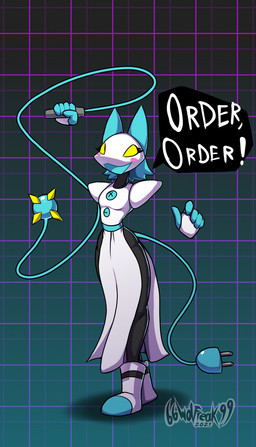 abstract_background anthro biped blush female floating_hands no_pupils solo text whip 66wolfreak99 deltarune undertale_(series) tasque_manager domestic_cat felid feline felis mammal robot_anthro 2021 artist_name dated english_text full-length_portrait hi_res portrait