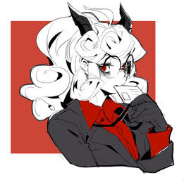 ahoge black_horn clothing curly_hair eyewear female glasses gloves hair handwear holding_object horn looking_at_viewer not_furry object_in_mouth red_background red_eyes shirt simple_background solo topwear white_background white_hair makai helltaker pandemonica_(helltaker) demon demon_humanoid humanoid bust_portrait portrait