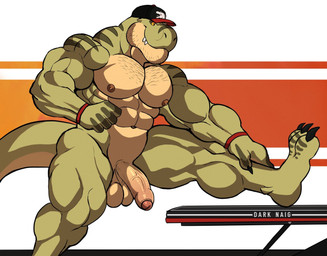 abs anthro balls biceps body_hair chest_hair claws clothing countershade_face countershade_torso countershading foreskin genitals green_body hat hat_only headgear headgear_only headwear headwear_only humanoid_genitalia humanoid_penis male mostly_nude muscular muscular_anthro muscular_male muscular_thighs nipples pecs penis solo stretching stubble darknaigart jace_(darknaig) dinosaur prehistoric_species reptile saurischian scalie theropod tyrannosaurid tyrannosauroid tyrannosaurus tyrannosaurus_rex 2025 hi_res