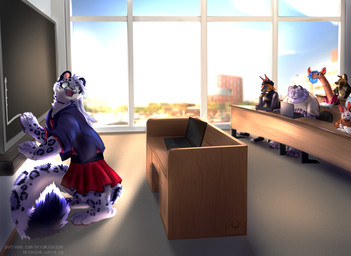 anthro beanie blue_hair chair chalkboard classroom clothing computer dress electronics female feral fur furniture group hair hat headgear headwear holding_object inner_ear_fluff jacket jewelry laptop looking_at_another male markings necklace on_chair on_hind_legs open_mouth orange_hair school shirt sitting sitting_on_chair slightly_chubby slightly_chubby_male spots spotted_body spotted_fur t-shirt three-quarter_view topwear tuft university white_body white_fur window errokioslem maslina_(errokioslem) antelope bovid canid canine canis dobermann domestic_dog felid gerenuk hyena lagomorph leporid mammal pantherine pinscher rabbit snow_leopard spotted_hyena true_antelope full-length_portrait half-length_portrait hi_res portrait