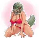 animal_head animal_tail big_breasts black_eyes blush blush_lines breasts brute_wyvern capcom cleavage clothed clothing deviljho female for_a_head green_body green_scales huge_breasts humanoid kneeling lbm looking_at_viewer monster_hunter navel open_mouth pink_background pink_clothing pink_swimwear scales sharp_teeth simple_background solo swimwear tail tailed_humanoid tan_body tan_skin teeth thick_thighs white_background wide_hips yellow_sclera