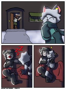 anthro bed cheating_girlfriend door female furniture gesture group infidelity male male/female male/male sleeping trio waving winter_clothing connorsconnor no_nut_november barley(connorsconnor) conley bear hybrid mammal 3:4 colored comic hi_res meme shaded