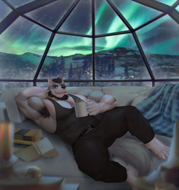 5_fingers anthro armpit_hair aurora_(phenomenon) barefoot body_hair claws clothed clothing feet fingers humanoid_hands male mountain muscular muscular_anthro muscular_male night sky solo star starry_sky bozi canid mammal 2021 colored hi_res