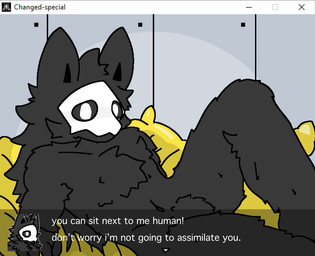 anthro dialogue latex liquid_latex looking_at_viewer lying male on_back shadow solo speech_bubble suggestive_pose text fallonheels changed_(video_game) fanmade puro_(changed) canid canine mammal english_text