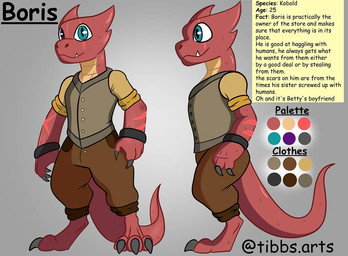 anthro blue_eyes bottomwear clothing eye_scar facial_scar heterochromia male pants purple_eyes red_body scar shirt solo tail text topwear tibbs boris_(tibbs) kobold scalie english_text model_sheet