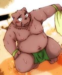 anthro asian_clothing belly bodily_fluids brown_body brown_fur clothing east_asian_clothing eyes_closed fundoshi fur japanese_clothing kemono male moobs navel nipples overweight overweight_anthro overweight_male solo sweat underwear snow_utamaru bear mammal 2013 5:6