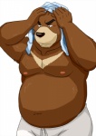 biceps black_eyes brown_body brown_fur clothed clothing fur kemono male moobs muscular muscular_male overweight overweight_male solo topless kuma_(pixiv_881259) kumadasi morenatsu juuichi_mikazuki bear black_bear mammal moon_bear ursine 2012 hi_res