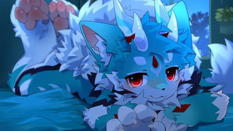 2_horns 4_fingers 4_toes :3 anthro bed bedroom bedroom_eyes black_markings blurred_background blush blush_lines chest_tuft dragon_horn feet fingers fluffy fluffy_tail fur furniture green_body green_fur horn inner_ear_fluff inside kemono looking_at_viewer lying male markings multicolored_body multicolored_fur narrowed_eyes neck_tuft night on_front pawpads paws reaching reaching_towards_viewer red_eyes seductive solo tail toes tuft white_body white_fur window hlg7777 canid canine canis domestic_dog mammal 16:9 2026 cel_shading cool_colors digital_drawing_(artwork) digital_media_(artwork) shaded wallpaper widescreen