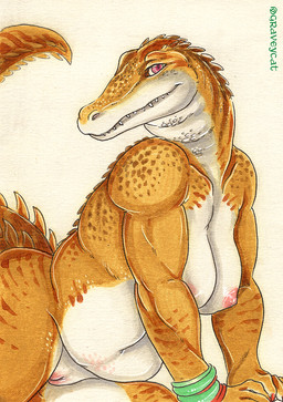 anthro belly big_breasts blush body_blush bracelet bracelet_only breasts countershade_torso countershading female genitals gold_skin head_spines innie_vulva jewelry navel nipples non-mammal_breasts non-mammal_navel non-mammal_nipples non-mammal_vulva nude overweight overweight_anthro overweight_female pink_eyes scales slightly_chubby snout solo thick_thighs vulva vulva_blush white_belly wide_hips gravewalker alligator alligatorid crocodilian reptile scalie 2021 traditional_media_(artwork)