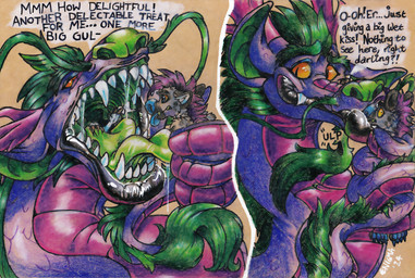 anthro black_lips blue_tongue bodily_fluids coiling dialogue facial_hair feral fur green_hair green_insides green_snout green_tongue grey_body grey_fur group hair imminent_vore kissing licking lips male mohawk mustache orange_eyes predator/prey pretending purple_body purple_hair purple_scales saliva scales sharp_teeth size_difference smile swallowing teeth tongue trio vore enigmahyena psychosocial mythology ryuunosuke dragon eastern_dragon hyena mammal mythological_creature mythological_scalie scalie 2024 graphite_(artwork) traditional_media_(artwork)