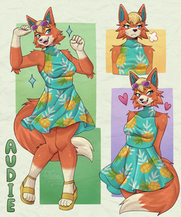 anthro arm_tuft blonde_hair blue_eyes breasts clothing dress elbow_tuft eyelashes eyewear eyewear_on_head female footwear fur gloves_(marking) hair heart_symbol high_heeled_sandals high_heels leg_markings markings open_mouth open_smile orange_body orange_fur sandals shoes shoulder_tuft smile socks_(marking) solo sunglasses sunglasses_on_head tan_body tan_fur tuft wedge_(footwear) artkett1412 animal_crossing nintendo audie_(animal_crossing) canid canine canis mammal wolf 2025 5:6 hi_res