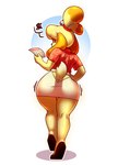 aloha_shirt anthro bell bottomwear butt clothed clothing document female footwear furgonomic_bottomwear furgonomics hair_bell hand_on_hip leaf paper pattern_clothing pattern_shirt pattern_topwear shirt shoes skirt solo speech_bubble text thick_thighs topwear white_bottomwear white_clothing white_skirt golde animal_crossing nintendo isabelle_(animal_crossing) canid canine canis domestic_dog mammal shih_tzu toy_dog digital_media_(artwork) english_text hi_res